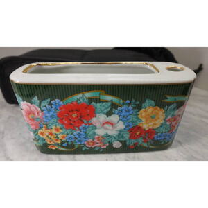 Neiman Marcus Porcelain Notepad and Pen Holder Japan Flowers Green Gold vintage